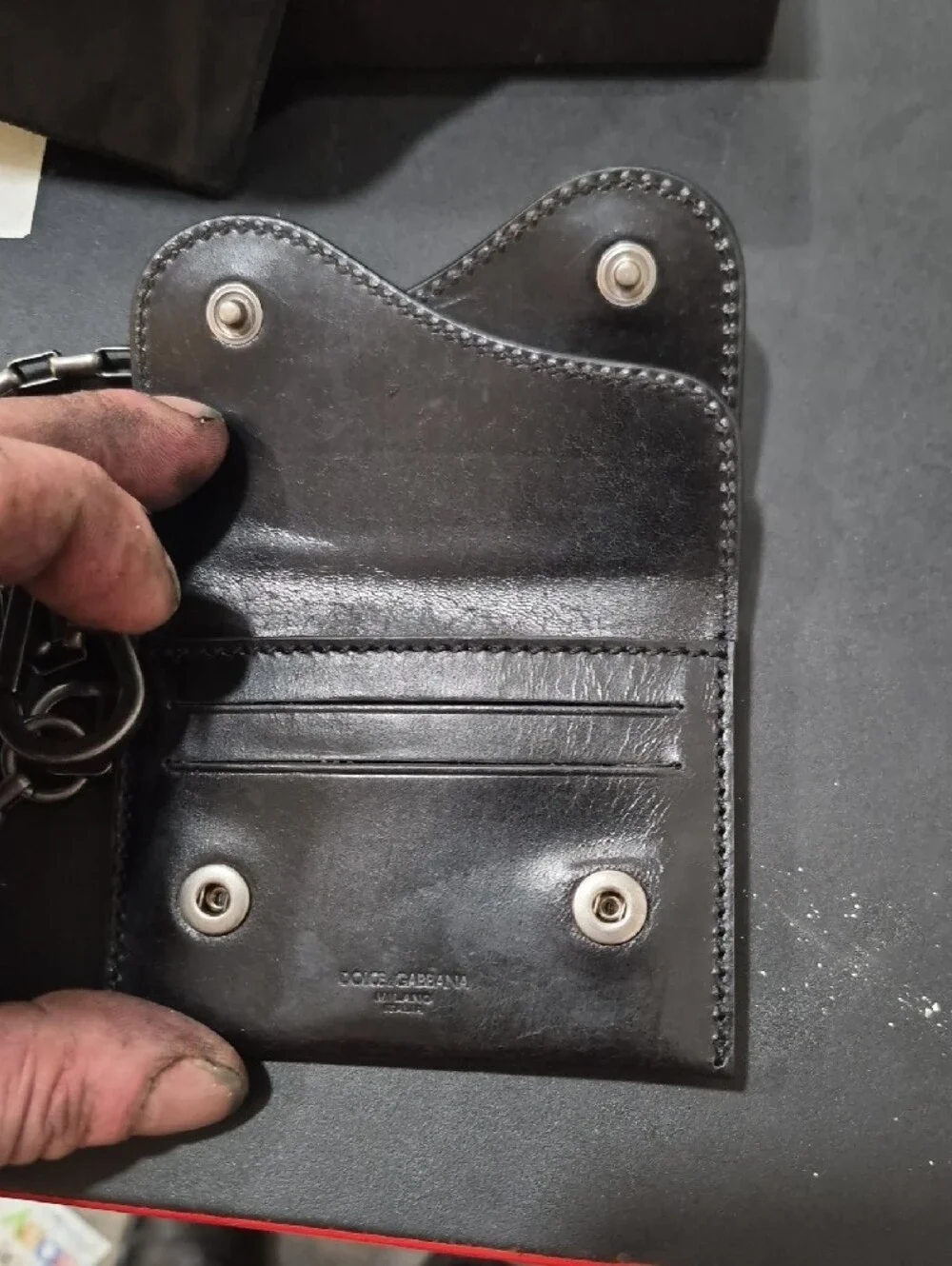 New Dolce & Gabbana Black Leather Card Wallet with Chain and DG Accents